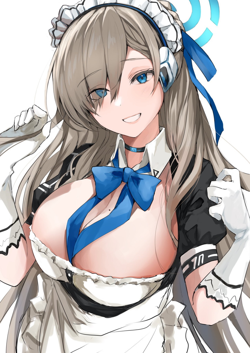 1girl asuna_(blue_archive) bangs between_breasts blue_archive blue_bow blue_bowtie blue_eyes blue_ribbon bow bowtie breasts brown_hair cleavage commentary_request eyes_visible_through_hair frills gloves grin hair_over_one_eye hair_ribbon halo hasetsu_(hasss0113) highres large_breasts long_hair looking_at_viewer maid maid_headdress mole mole_on_breast puffy_sleeves ribbon short_sleeves sidelocks simple_background smile solo teeth upper_body white_background white_gloves