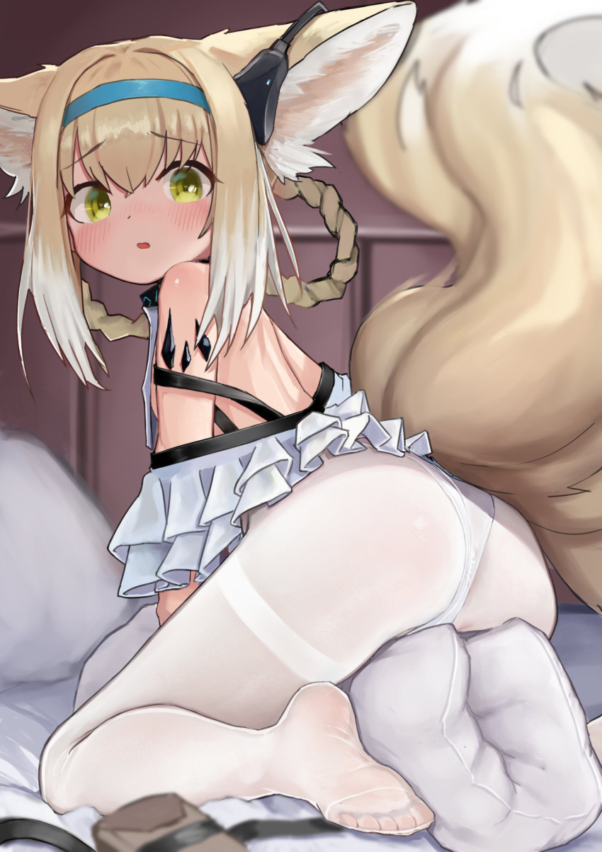 1girl animal_ears aori_(binnoaori) arknights ass bed bedroom between_legs blonde_hair blush braid commentary feet fox_ears fox_girl fox_tail from_behind green_eyes highres indoors legs long_hair looking_at_viewer looking_back multiple_tails no_pants no_shoes off_shoulder open_mouth panties panties_under_pantyhose pantyhose pillow shirt sitting soles solo straddling suzuran_(arknights) tail thighband_pantyhose thighs toes twin_braids twintails underwear white_legwear white_panties white_shirt