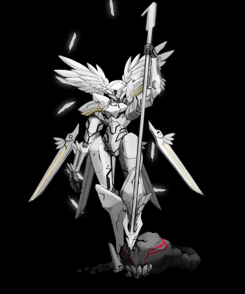 1girl angel angel_wings armor black_background broken closed_mouth crack cracked_skin falling_feathers feathered_wings feathers floating floating_object glowing glowing_feather head_wings highres holding holding_polearm holding_weapon kyou_(ningiou) monster one_eye_closed original pauldrons planted polearm red_eyes robot shoulder_armor simple_background solo spear weapon white_armor wings