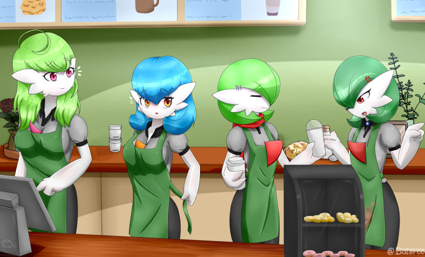 2022 3_fingers absurd_res ahoge ailin apron barista baterco blue_hair bread_bag clothing coffee_cup coffee_shop collaboration container cross-popping_vein cup detailed_background female fingers gardevoir green_hair group hair hi_res humanoid lucinda_(baterco) menu_board menu_screen nintendo not_furry orange_eyes pok&eacute;mon pok&eacute;mon_(species) raven_(sheico) red_eyes scarf shiny_pok&eacute;mon signature video_games