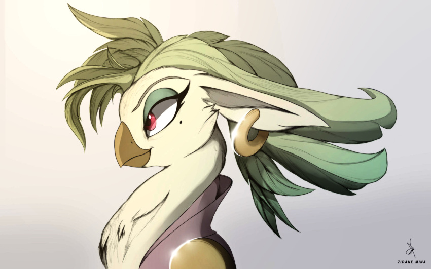 anthro avian beak beauty_mark bird captain_celaeno_(mlp) eyebrows eyelashes feathers female friendship_is_magic green_body green_feathers green_hair hair half-closed_eyes hasbro head_tuft hi_res long_ears my_little_pony my_little_pony:_the_movie_(2017) narrowed_eyes parrot side_view signature solo tuft zidanemina