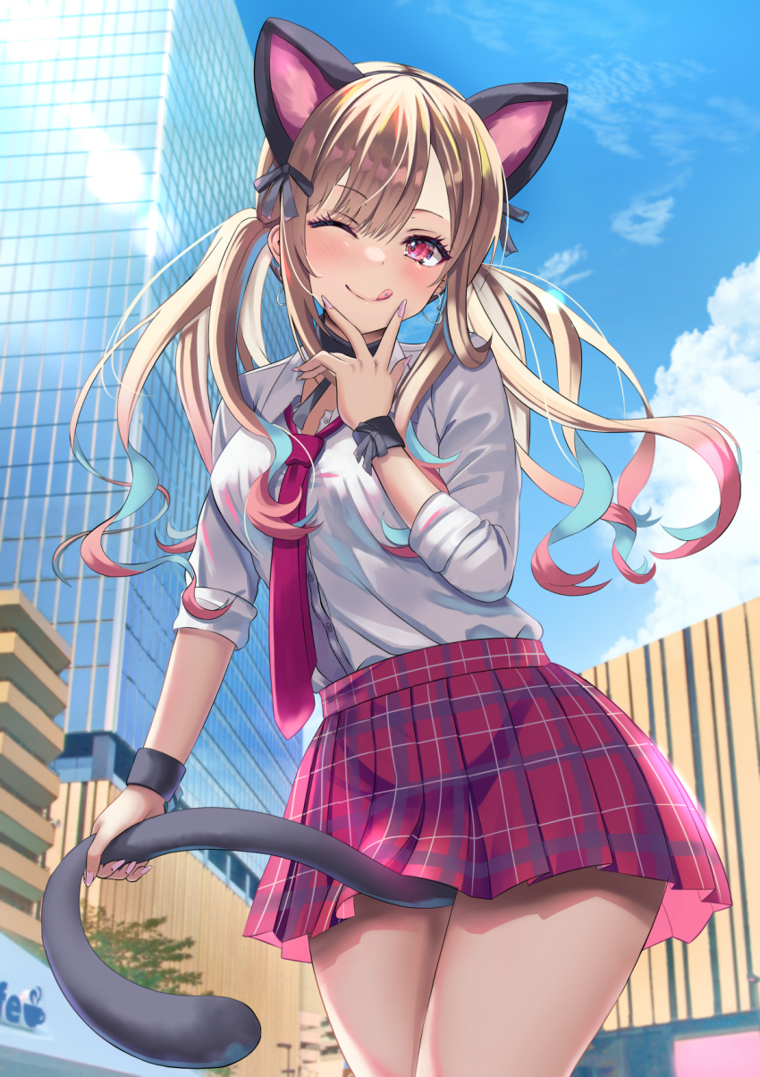 1girl :q animal_ears bangs between_legs blonde_hair blush cat_ears collared_shirt cowboy_shot day earrings heart heart_earrings highres holding_tail jewelry kaneki_yushi kitagawa_marin looking_at_viewer multicolored_hair necktie one_eye_closed outdoors piercing pink_nails pink_necktie pink_skirt plaid plaid_skirt pleated_skirt ribbon school_uniform shirt shirt_tucked_in skirt sleeves_rolled_up solo sono_bisque_doll_wa_koi_wo_suru streaked_hair sunlight swept_bangs tail tail_between_legs thighs tongue tongue_out tongue_piercing white_shirt wrist_cuffs wristband
