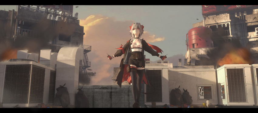 1girl absurdres arknights bangeningmeng billboard black_gloves black_jacket black_legwear blue_sky breasts building cleavage cloud controller detonator explosion gloves highres holding holding_remote_control horns jacket letterboxed looking_at_viewer open_clothes open_jacket outdoors red_eyes remote_control rooftop scenery short_hair sky solo stairs thighhighs trash_can w_(arknights) walking walking_away water_tank