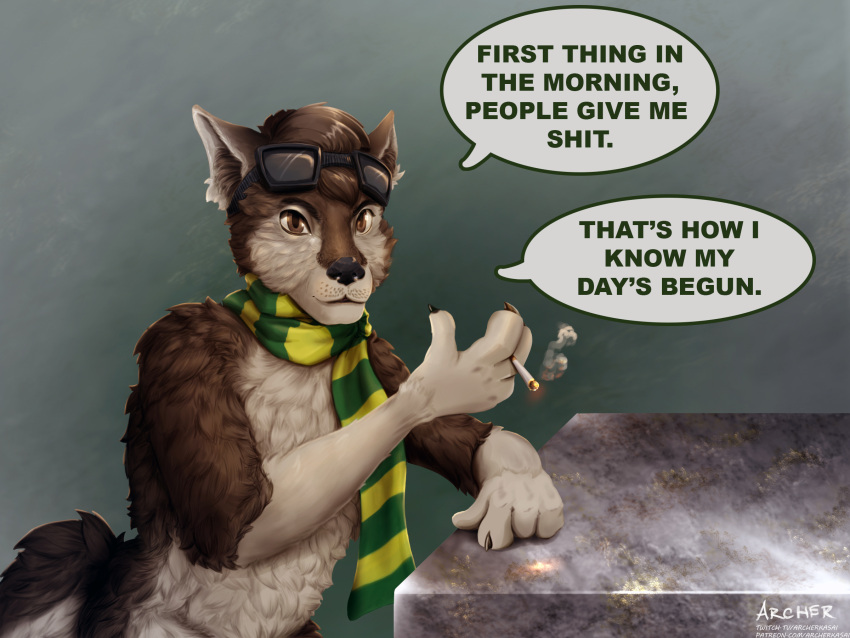anthro archerkasai brown_body brown_fur canid canine canis cigarette dialogue english_text flight_goggles fluffy fur head_tuft hi_res inner_ear_fluff kids_in_the_hall leaning leaning_on_table li'l_melon looking_at_viewer male mammal multicolored_body multicolored_fur scarf simple_background smoke smoking solo speech_bubble text tuft two_tone_body two_tone_fur wolf
