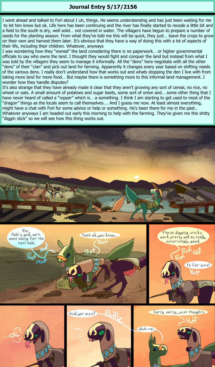 absurd_res comic digging dinosaur dragon dragonscape drekir dromaeosaurid farming female feral forl_(thepatchedragon) group hi_res horticulture male morning oli_(thepatchedragon) post-apocalyptic reptile scalie text thepatchedragon theropod thinking tribal tribal_clothing