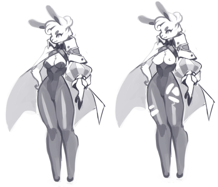 anthro armwear bottomwear bow_tie breasts cape chest_tuft cleavage clothed clothing female hair legwear monochrome nipples nox_(artist) simple_background solo standing tagme topwear torn_clothing torn_legwear tuft unknown_species white_background