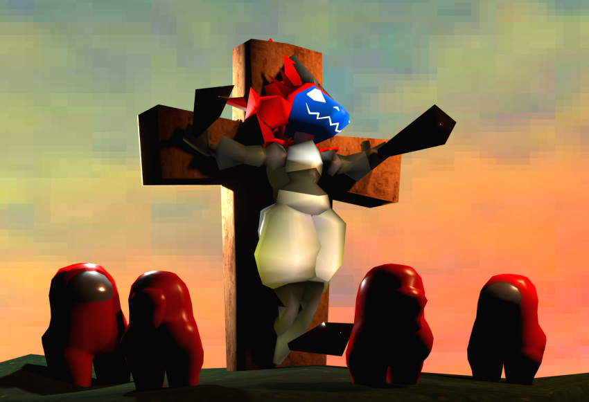 3d_(artwork) ambiguous_gender amogus among_us anthro blender_(software) clothing crewmate_(among_us) crop_top crucifix crucifixion curvy_figure digital_media_(artwork) foxygrandpaa group hair hi_res hourglass_figure humor impostor_(among_us) innersloth low_poly machine male meme pixelated protogen red_body red_hair robot shirt sunset topwear video_games visor