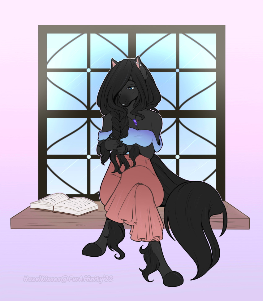 ankle_tuft anthro black_body black_fur black_hair blue_eyes book braided_hair clothing ear_piercing equid equine faelrun female fur hair hazelkisses hi_res hooves horse jewelry leg_tuft long_hair mammal necklace piercing sitting smile solo tuft window