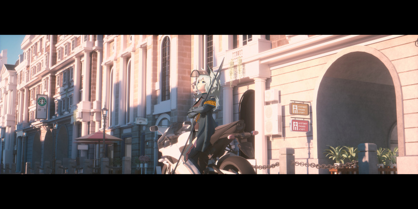 1girl absurdres animal_ears arknights bangeningmeng black_jacket building closed_mouth crossed_arms grani_(arknights) grey_hair highres horse_ears jacket lamppost leaning_back long_hair open_clothes open_jacket outdoors ponytail purple_eyes shadow smile solo starbucks