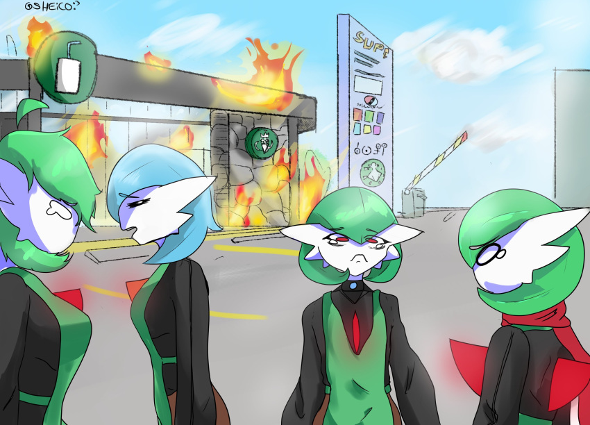 2022 accident ahoge ailin blue_hair bodily_fluids burning_building coffee_shop detailed_background empty_eyes eyes_closed female gardevoir glowing green_hair group hair hi_res humanoid lucinda_(baterco) nintendo not_furry parking_lot pok&eacute;mon pok&eacute;mon_(species) raven_(sheico) red_eyes scar sheico shiny_pok&eacute;mon signature starbucks tears video_games