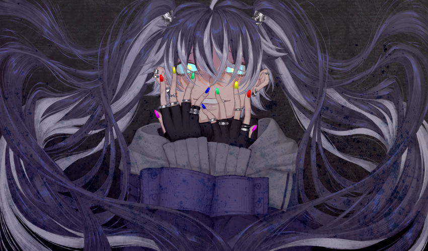 1girl absurdres ahoge black_hair blue_eyes chocolate4170615 fingerless_gloves gloves hands_on_own_face highres hood hoodie jewelry long_hair long_sleeves looking_at_viewer multicolored_hair nail_polish original ring smile solo twintails very_long_hair white_hair