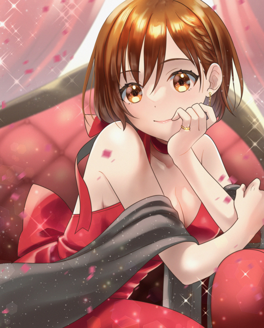 1girl arm_rest back_bow backless_dress backless_outfit bangs blush bow braid breasts brown_eyes brown_hair cleavage confetti couch curtains dress earrings halter_dress halterneck hand_on_own_cheek hand_on_own_face hand_up head_rest highres jewelry kikuchi_mataha large_breasts looking_at_viewer meiko on_couch ring shawl short_hair sideboob sitting smile solo sparkle vocaloid