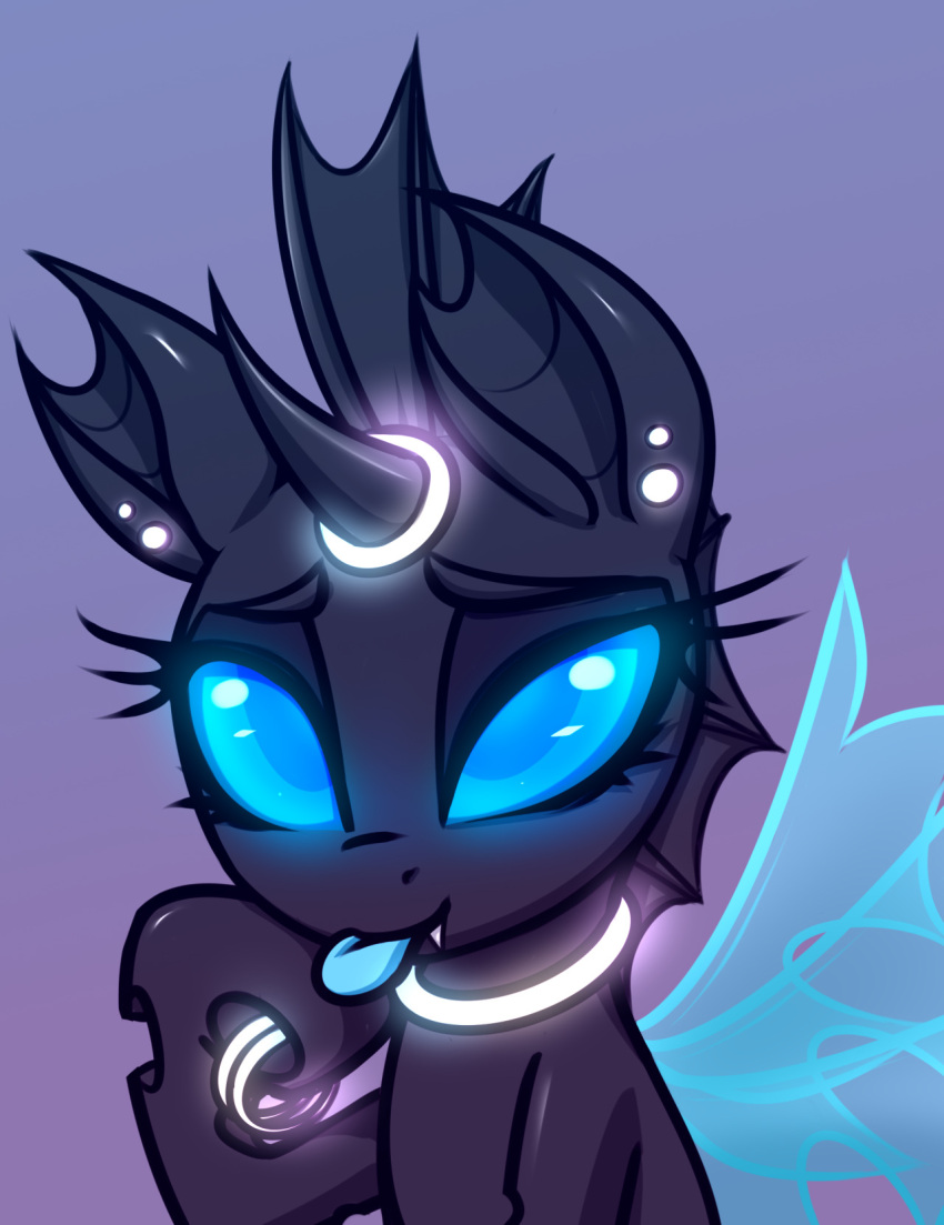 arthropod black_body blue_tongue changeling eyelashes fan_character fangs female feral friendship_is_magic glowing glowing_eyes glowstick half-closed_eyes hasbro hi_res horn insect_wings jetwave my_little_pony narrowed_eyes purple_background simple_background smile solo tongue wings