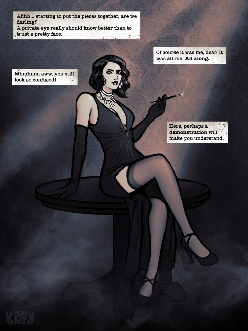 absurd_res black_clothing black_dress black_hair black_high_heels black_lips breasts clothing dialogue dress english_text female femme_fatale hair hi_res human human_only lips mammal monstrifex not_furry pinup pose smile solo text transformation transformation_sequence