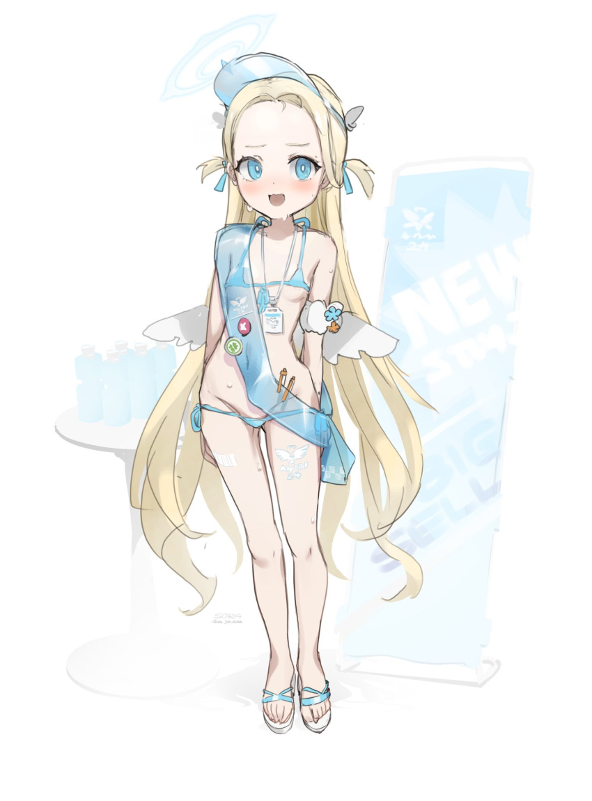 1girl angel_wings barcode barcode_tattoo bikini blonde_hair blue_archive blue_eyes blush breasts forehead halo highres lanyard long_hair low_wings micro_bikini nemo_(leafnight) open_mouth sandals sash small_breasts sora_(blue_archive) sweat swimsuit tattoo very_long_hair visor white_background wings