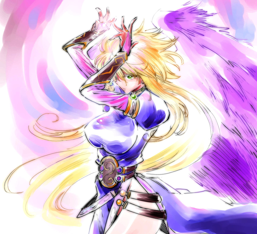 1girl angel_wings blonde_hair blue_dress breasts breath_of_fire breath_of_fire_ii bridal_gauntlets dress green_eyes highres long_hair nina_(breath_of_fire_ii) puffy_sleeves purple_wings sf_going_on side_slit thighs wings