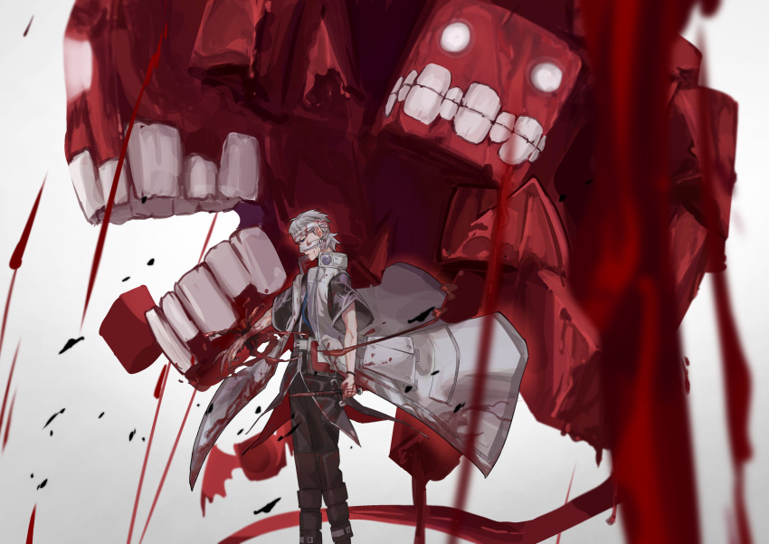 1boy absurdres alchemy_stars bandaged_head bandages belt bleeding blood blood_on_arm blood_on_clothes blood_on_face blood_on_weapon blue_eyes closed_mouth coat cross cross_earrings cube da_mei dripping earrings fingernails gradient gradient_background grey_background grey_coat grey_hair highres holding holding_weapon injury jewelry long_fingernails male_focus monster nail nails_(alchemy_stars) no_pupils open_clothes open_coat open_mouth pointy_ears self_harm sharp_fingernails standing teeth weapon white_eyes wide_sleeves wings