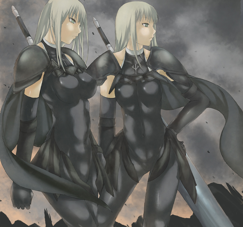 alicia_(claymore) beth_(claymore) bodysuit cape claymore claymore_(sword) elbow_gloves gloves green_eyes long_hair multiple_girls nyami shoulder_pads sword weapon