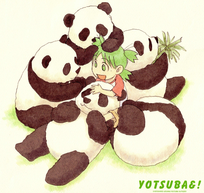 :d absurdres animal azuma_kiyohiko bamboo brown_shorts child copyright_name cuddling eating flock green_eyes green_hair hand_on_another's_head highres hug koiwai_yotsuba looking_at_another lying official_art on_back on_side open_mouth panda raglan_sleeves scan shirt short_sleeves shorts sitting smile t-shirt tri_tails yotsubato!