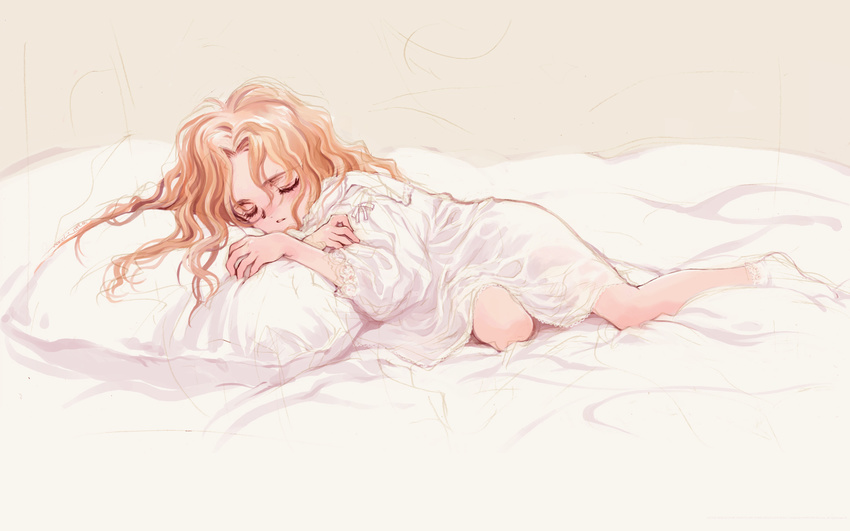 blonde_hair copyright_request highres legs long_hair long_legs lying nightgown ooyari_ashito pillow sleeping socks solo thighs