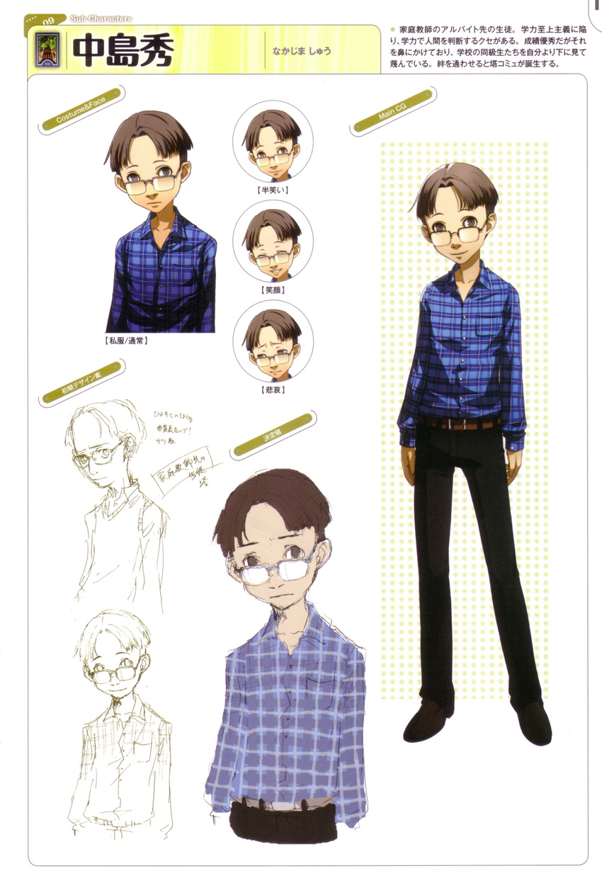 1boy brown_eyes brown_hair concept_art glasses looking_at_viewer megaten official_art persona persona_4 polka_dot_background simple_background sketch soejima_shigenori translation_request