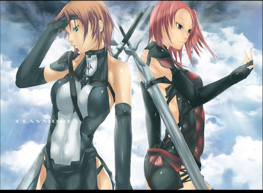 bad_id bad_pixiv_id bodysuit breasts brown_hair claymore claymore_(sword) elbow_gloves gloves green_eyes large_breasts luciela multiple_girls nyami rafaela siblings sisters sword weapon