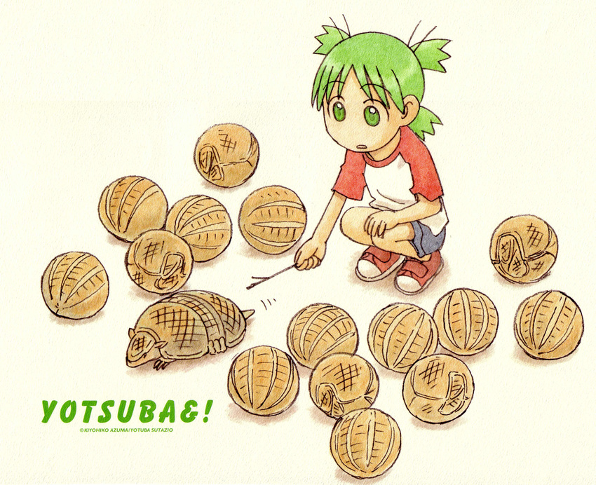 absurdres animal armadillo artist_name azuma_kiyohiko copyright_name flock green_eyes green_hair highres holding koiwai_yotsuba looking_at_another official_art poking quad_tails raglan_sleeves scan shorts squatting stick walking_away yotsubato!