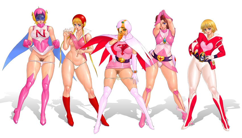 70s amachi_hiromi belt boots breasts cape casshan_robot_hunter character_request gatchaman gloves gowappaa_5_godam helmet highres jun_the_swan kouzuki_luna large_breasts lipstick makeup medium_breasts misaki_youko multiple_girls navel nipples oldschool panties pubic_hair pussy skin_tight skirt skirt_lift thigh_boots thighhighs thong uchuu_no_kishi_tekkaman underwear zen_and_retro