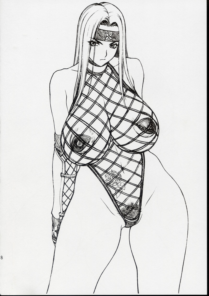 areolae benikage breasts cleavage covered_nipples curvy elbow_gloves fishnets gloves greyscale headband highres huge_breasts inoue_takuya long_hair monochrome ninja no_bra one-piece_swimsuit pasties pubic_hair puffy_nipples rumble_roses solo swimsuit tattoo