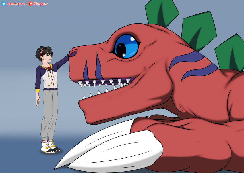 absurd_res anthro bandai_namco black_hair bleykerforz blue_eyes digimon digimon_(species) digimon_survive dinosaur duo eyewear goggles hair hi_res human male mammal petting red_body red_scales reptile scales scalie size_difference smile takuma_momozuka tyrannomon