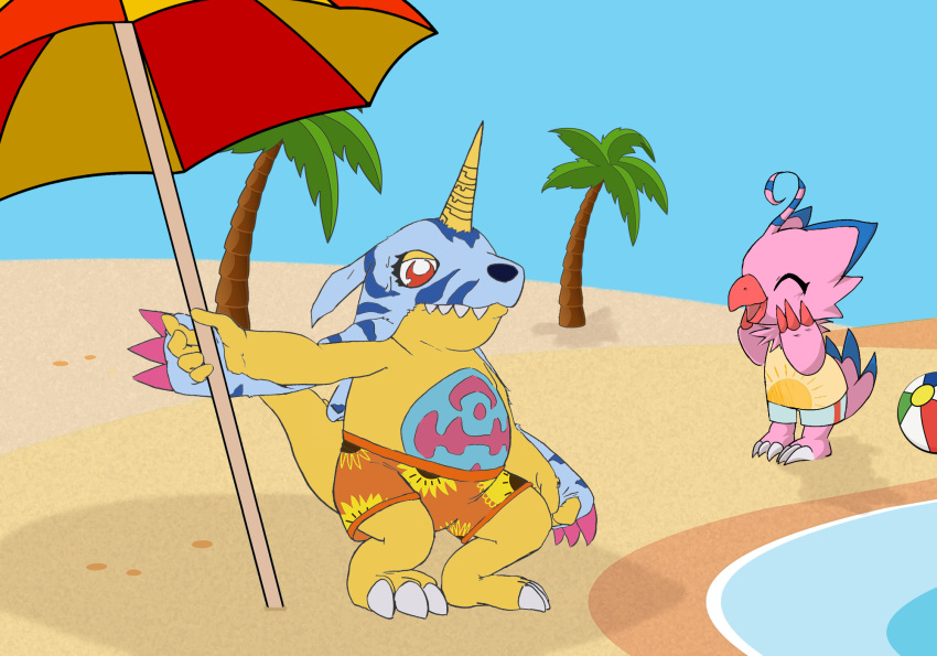 ball bandai_namco beach biyomon bottomwear clothing digimon digimon_(species) duo female gabumon hi_res kitsune2000 male seaside shorts swimming swimming_trunks swimwear