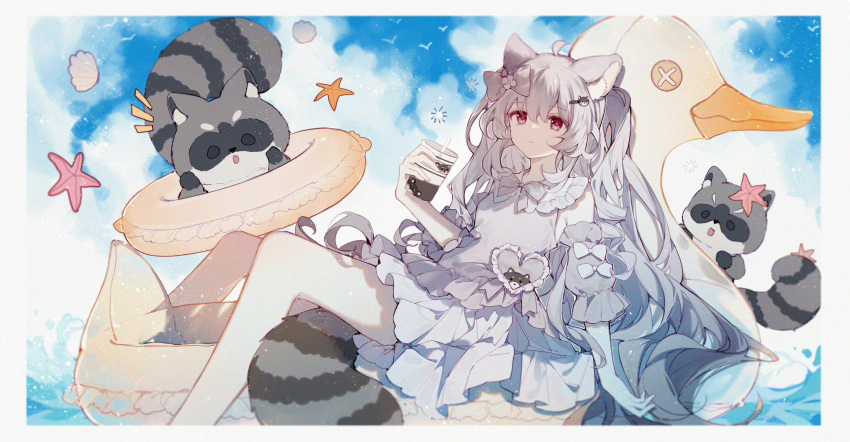 1girl ahoge animal animal_ears bangs bare_shoulders bow commission dress drinking grey_dress grey_hair hair_ornament hairclip highres innertube leopard_tail leopon_(animal) long_hair looking_at_viewer ocean original qianqianjie red_eyes tail virtual_youtuber