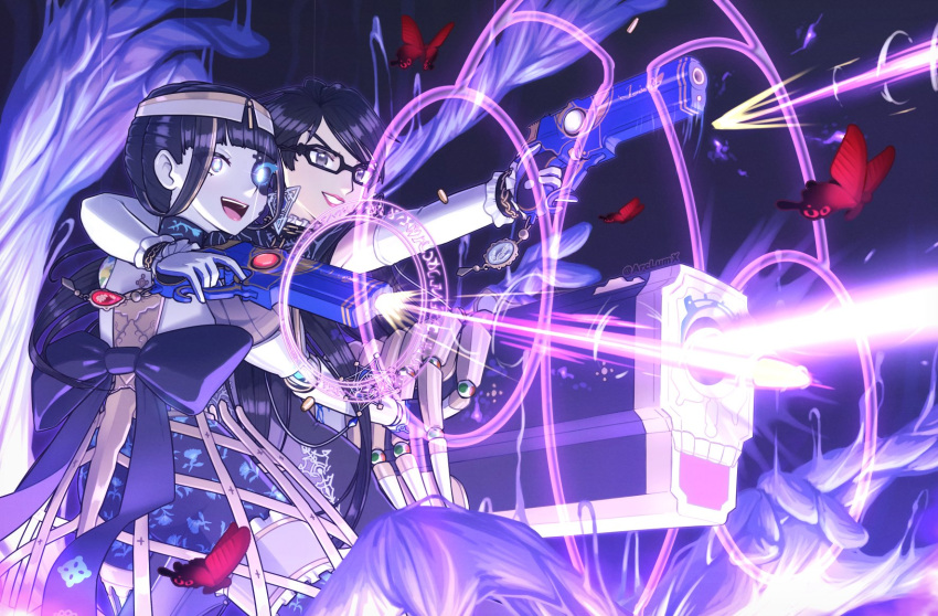 2girls arclumx arm_around_shoulder azami_(xenoblade) bayonetta bayonetta_(series) bayonetta_2 black_hair bug butterfly company_connection crossover firing glasses glowing glowing_eye gun handgun highres love_is_blue_(bayonetta) magic_circle multiple_girls open_mouth short_hair smile trait_connection weapon xenoblade_chronicles_(series) xenoblade_chronicles_2