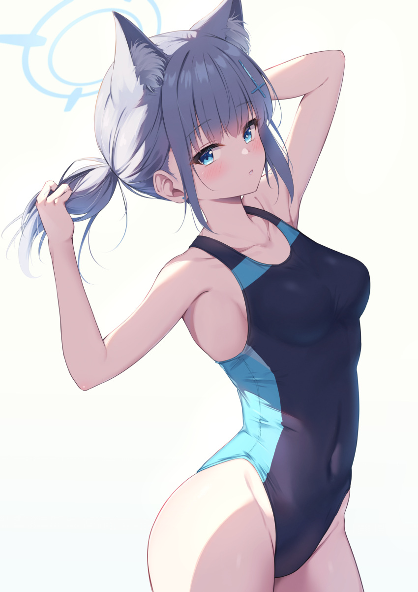 1girl animal_ear_fluff animal_ears arm_behind_back arms_up bangs bare_arms blue_archive blue_eyes blush breasts competition_swimsuit covered_navel cowboy_shot cross_hair_ornament grey_hair hair_ornament halo highleg highleg_swimsuit highres holding holding_hair looking_at_viewer medium_breasts miso_(misomiso_154) one-piece_swimsuit parted_lips shiroko_(blue_archive) shiroko_(swimsuit)_(blue_archive) sidelocks simple_background solo swimsuit thighs two-tone_swimsuit white_background