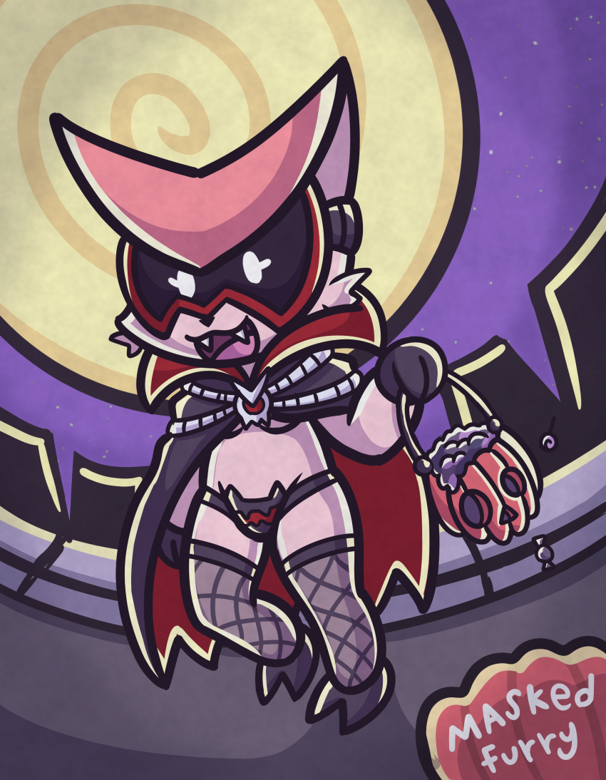 absurd_res anthro bat_ear_panties black_clothing black_panties black_underwear bottomwear breasts candy cape cat_lingerie chain cheek_tuft clothing cute_fangs dessert detailed_background eve_(maskedfurry) eyewear facial_tuft fangs female fishnet fishnet_legwear food fruit full_moon fur gloves goggles halloween handwear hi_res holidays jack-o'-lantern legendary_pok&eacute;mon legwear lingerie maskedfurry metal_chain moon nintendo open_mouth open_smile panties pink_body pink_fur plant pok&eacute;mon pok&eacute;mon_(species) pumpkin smile solo sparkles tuft under_boob underwear vampire_costume victini video_games