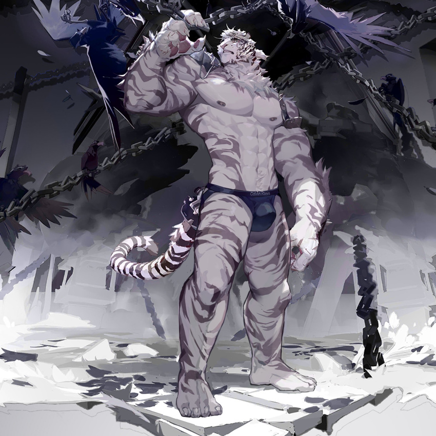 abs anthro arknights calvin_klein claws cocowas35031414 felid finger_claws hi_res hypergryph male mammal mountain_(arknights) muscular muscular_arms muscular_legs muscular_male neck_tuft nipples pantherine pawpads snow solo studio_montagne tiger tiger_stripes toe_claws tuft video_games