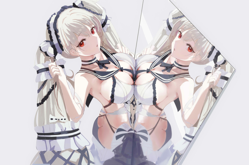 1girl absurdres age_fx azur_lane bangs bare_shoulders black_sailor_collar blush breasts butt_crack choker cleavage detached_collar dress formidable_(azur_lane) formidable_(timeless_classics)_(azur_lane) from_side grey_background grey_hair hands_up highres large_breasts long_hair mirror official_alternate_costume open_mouth parted_lips red_eyes reflection sailor_collar simple_background solo standing symmetry twintails two-tone_ribbon very_long_hair white_dress