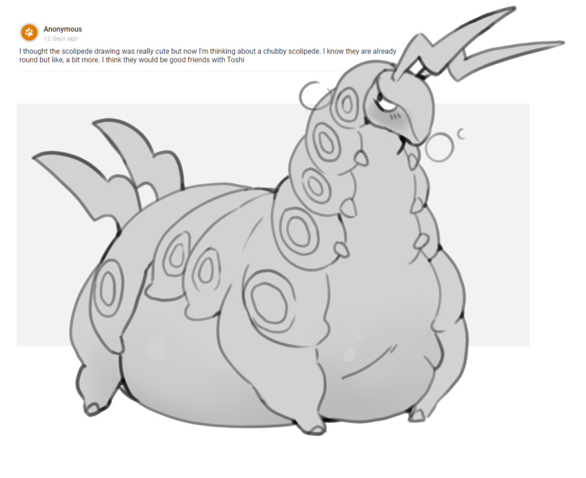 andromorph anthro blush breath chubby_cheeks english_text intersex kyrosh nintendo obese overweight panting pok&eacute;mon pok&eacute;mon_(species) scolipede solo standing text video_games