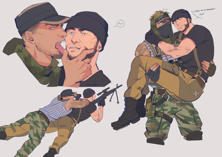 2boys arm_tattoo bara belt black_gloves black_shirt boots brown_belt camouflage camouflage_pants carrying carrying_person closed_eyes closed_mouth couple covered_mouth facial_hair fingerless_gloves glaz_(rainbow_six_siege) gloves gun hat highres holding holding_gun holding_weapon kapkan_(rainbow_six_siege) levasoj licking licking_another's_face lying lying_on_person military_hat multiple_boys multiple_views muscular muscular_male on_person on_stomach open_mouth pants princess_carry rainbow_six_siege shirt short_hair smile tank_top tattoo tongue tongue_out very_short_hair weapon yaoi