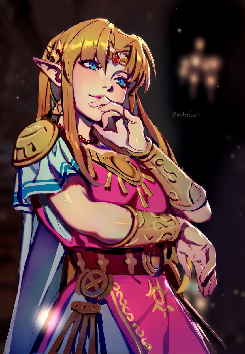 1girl armor bangs bead_necklace beads blonde_hair blue_eyes bracelet cape circlet datcravat gold highres jewelry long_hair necklace parted_bangs pointy_ears princess_zelda shoulder_armor sidelocks solo super_smash_bros. the_legend_of_zelda the_legend_of_zelda:_a_link_between_worlds white_cape