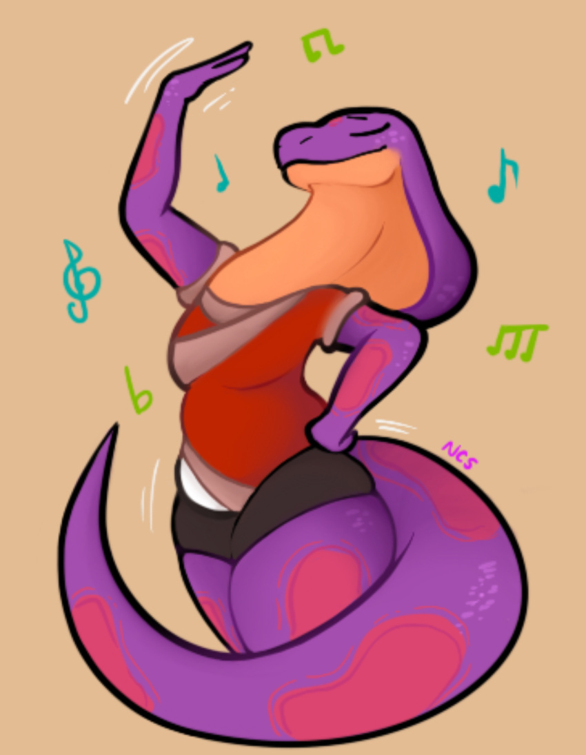 2020 anthro clothed clothing cobra eyes_closed female fingers hi_res keeshee musical_note ncs purple_body reptile scalie smile snake snake_hood solo spots