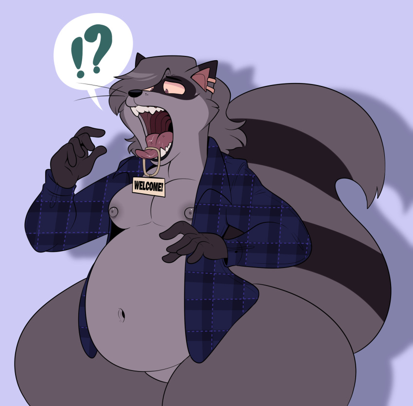 anthro blue_flannel clothed clothing darkcresentskymin ear_piercing ear_ring flannel fluffy fluffy_tail gaping_mouth hi_res looking_confused male mammal navel nipples object_hanging_from_tongue object_in_mouth open_clothing open_mouth open_shirt open_topwear piercing procyonid raccoon ring_piercing rye_(darkcresentskymin) shirt solo swoop_haircut throat tongue tongue_out topwear vorish welcome_sign whiskers wide_hips