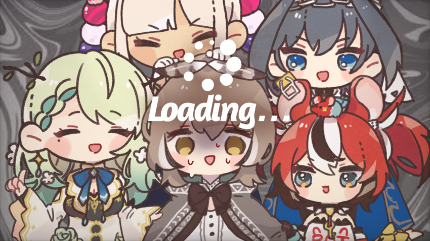 5girls ahoge animal_ears antlers bangs bare_shoulders blonde_hair blue_cape blue_eyes blue_hair blue_ribbon braid braided_bangs branch brown_capelet brown_cloak brown_eyes brown_hair buffering cape capelet ceres_fauna cloak closed_eyes crop_top dark-skinned_female dark_skin dice_hair_ornament dress english_text feather_hair_ornament feathers flower green_hair hair_flower hair_intakes hair_ornament hair_over_one_eye hairclip hakos_baelz head_chain hieroglyphics highres holocouncil hololive hololive_english long_hair mole mole_under_eye mouse_ears mouse_on_head mouse_tail mousetrap mr._squeaks_(hakos_baelz) multicolored_hair multiple_girls nanashi_mumei ouro_kronii planet_hair_ornament ponytail red_hair ribbon shirt short_hair streaked_hair sweat sweating_profusely tail tsukumo_sana turtleneck twintails veil very_long_hair virtual_youtuber walabemoti2 white_shirt wide_sleeves zipper