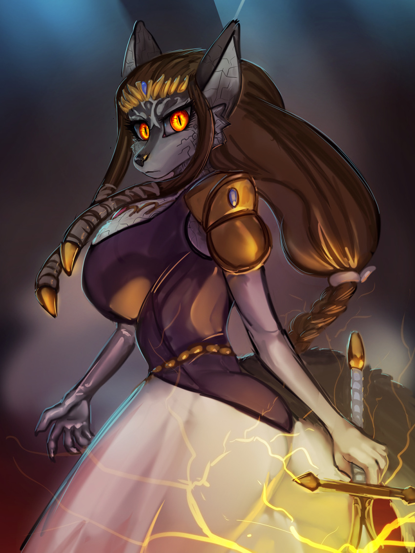alternate_species amber_eyes armor big_breasts breasts brown_hair canid canine canis clothing digital_media_(artwork) dress female fur general-irrelevant gold_(metal) gold_jewelry grey_body grey_fur hair hi_res holding_object holding_sword holding_weapon human jewelry long_hair looking_at_viewer mammal melee_weapon nintendo pauldron princess_zelda pupils slit_pupils solo species_transformation sword the_legend_of_zelda transformation video_games weapon wolf