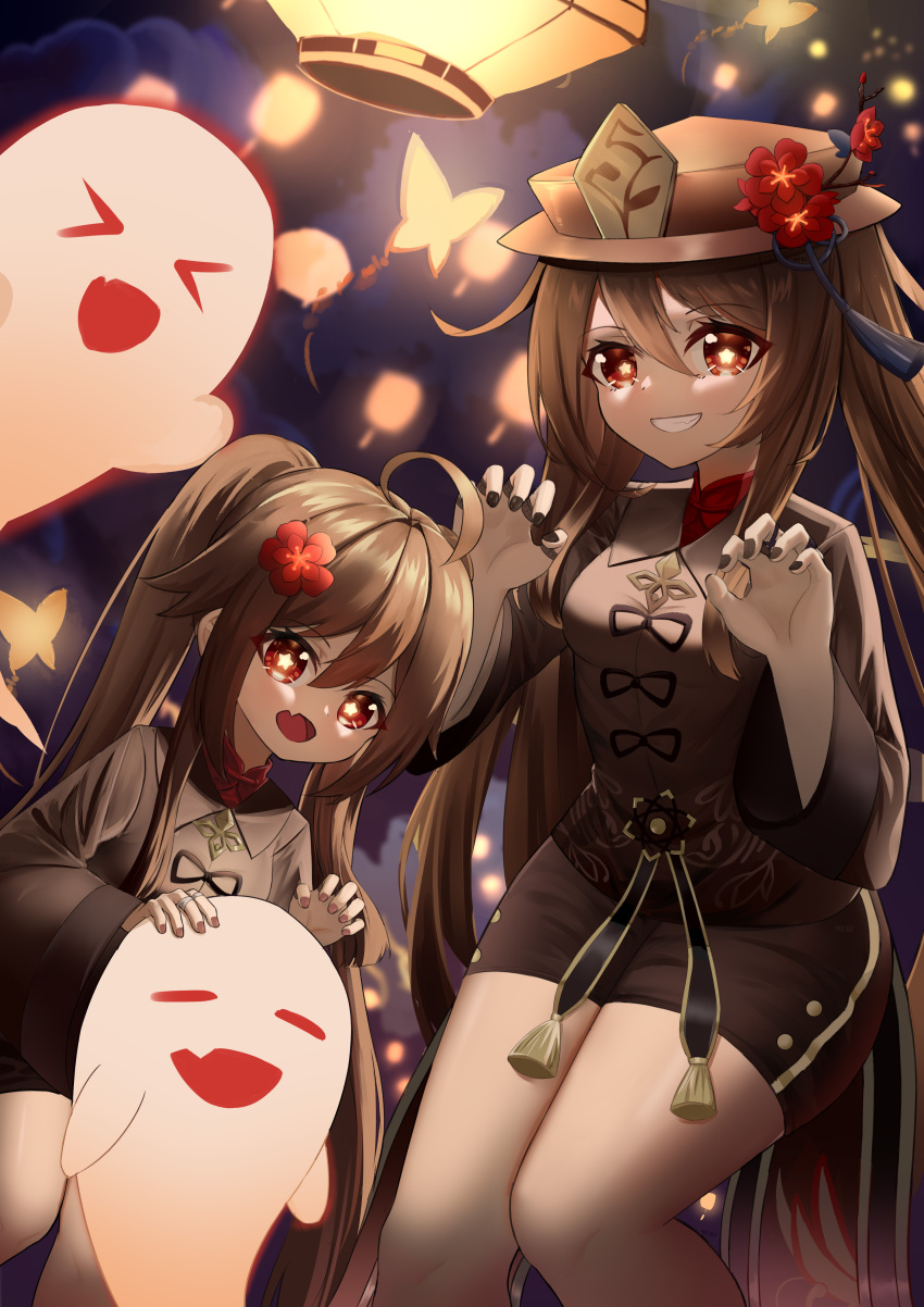 &gt;_&lt; 2girls :d absurdres ahoge bangs black_hair black_nails black_shorts chinese_clothes cloud cloudy_sky commentary_request dual_persona floating floating_object flower genshin_impact ghost ghost_pose grin hair_between_eyes hat hat_flower hat_ornament height_difference highres hu_tao_(genshin_impact) jewelry lantern lantern_festival leaning_forward long_hair long_sleeves looking_at_viewer multiple_girls night night_sky paper_lantern red_eyes ring short_shorts shorts sidelocks size_difference sky sky_lantern skym_(kumei) smile symbol-shaped_pupils twintails xd younger