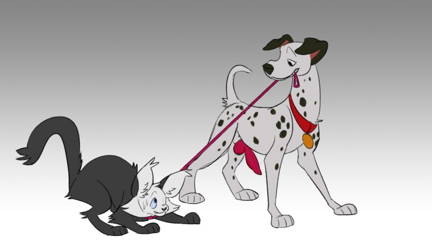 101_dalmatians ambiguous_gender canid canine canis collar disney dizzy_(dizzymilky) dizzymilky domestic_cat domestic_dog duo felid feline felis feral knot leash leash_and_collar leash_in_mouth leash_pull male male/ambiguous mammal object_in_mouth pongo
