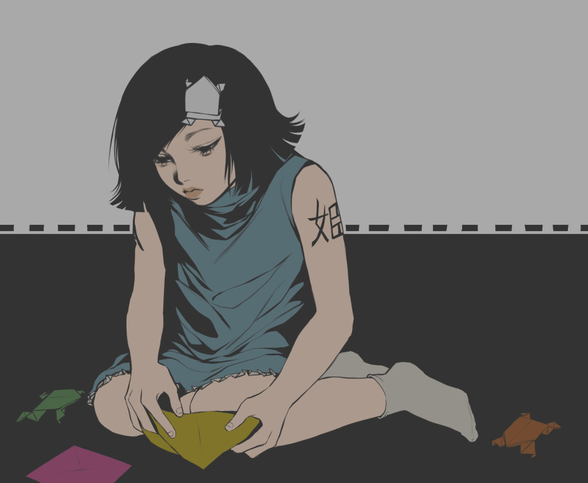 1boy androgynous black_hair body_writing crossdressing dress higashikata_tsurugi highres jojo_no_kimyou_na_bouken jojolion lips origami rrrrmiuh seiza sitting two-tone_background