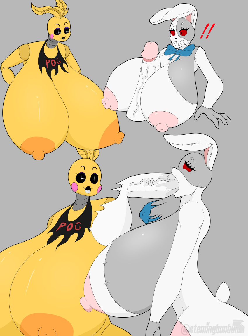 2022 absurd_res animatronic anthro areola avian big_breasts big_muscles big_penis bird blush blush_stickers breast_play breast_size_difference breasts chicken disembodied_penis exclamation_point fellatio female five_nights_at_freddy's five_nights_at_freddy's_2 galliform gallus_(genus) genitals group hi_res huge_breasts huge_muscles huge_penis hyper hyper_breasts lagomorph leporid machine male mammal muscular nipples open_mouth oral orange_areola orange_nipples penile penis phasianid pink_areola pink_nipples rabbit robot scottgames sex stemingbunbun titfuck toy_chica_(fnaf) trio vanny_(fnaf) video_games