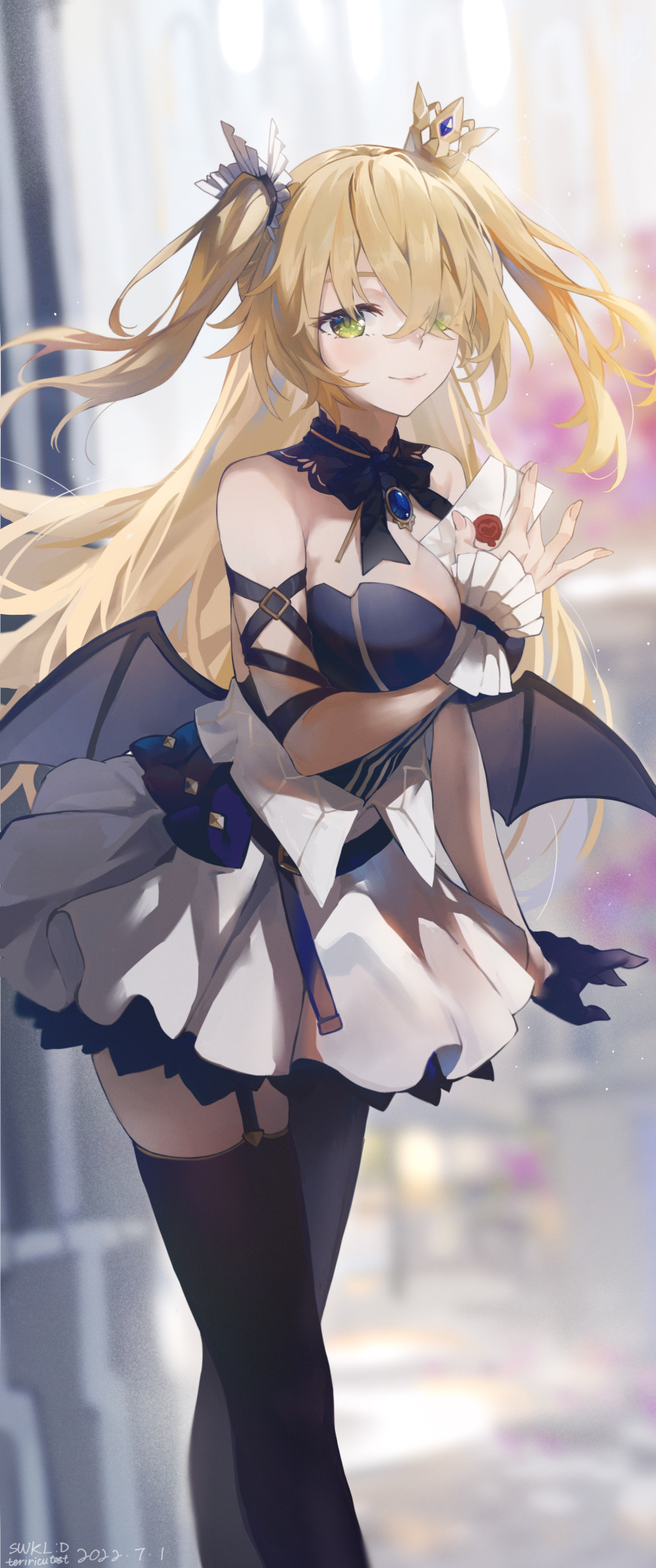 absurdres arm_strap artist_name bangs between_breasts black_legwear blonde_hair blue_gemstone blurry blurry_background blush bow bowtie breasts choker crossed_bangs crown dated envelope fischl_(genshin_impact) frilled_skirt frills garter_straps gem genshin_impact gloves green_eyes hair_over_one_eye highres holding holding_envelope large_breasts looking_at_viewer mini_crown no_eyepatch shirt single_glove single_leg_pantyhose skirt sleeveless sleeveless_shirt smile strapless strapless_shirt swkl:d thighhighs two_side_up wings wrist_cuffs