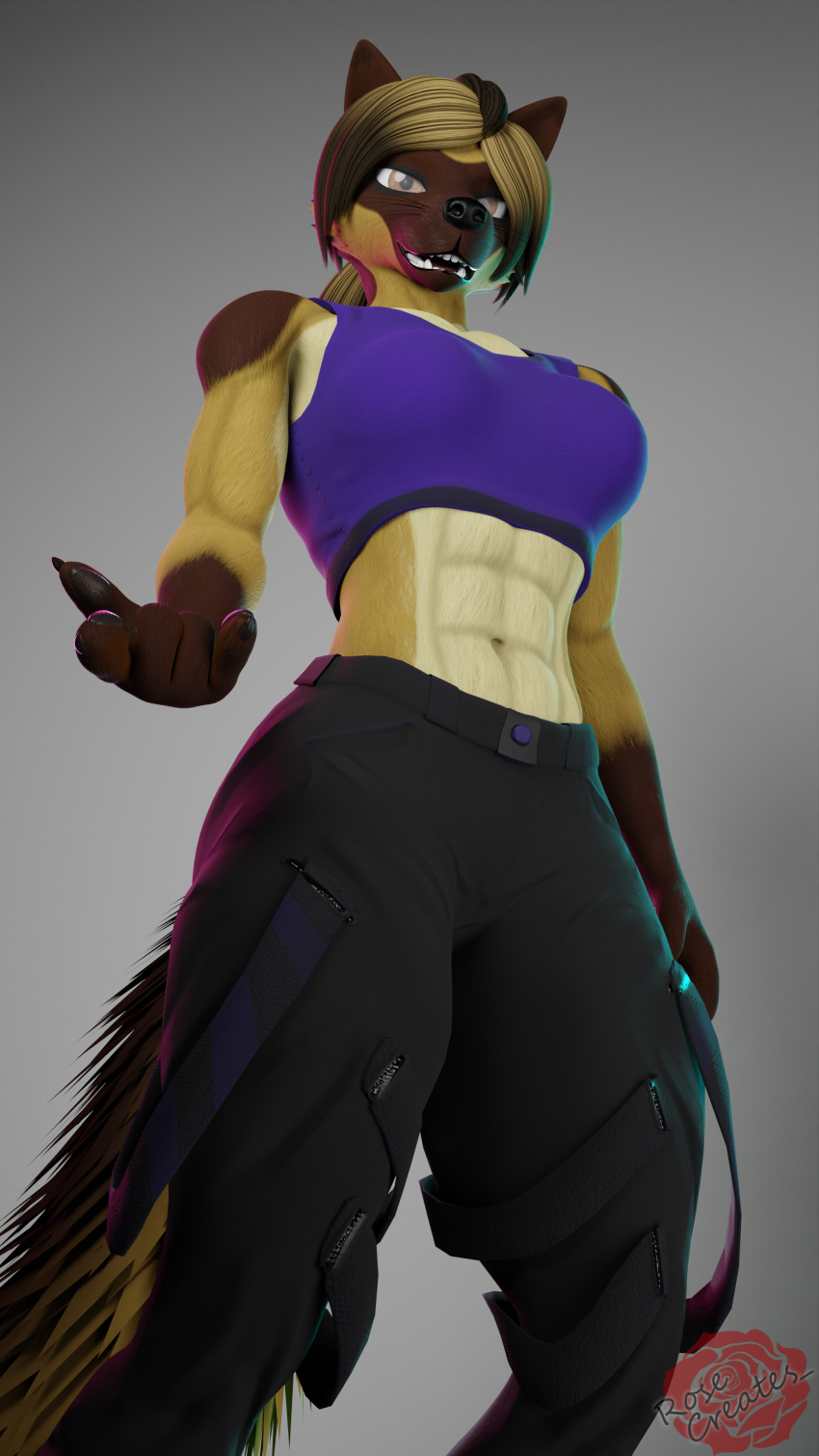 3d_(artwork) 4k 9:16 abs absurd_res anthro biceps big_breasts blender_(software) bottomwear breasts canid canine canis clothed clothing digital_media_(artwork) domestic_dog female fur german_shepherd gym_bottomwear gym_clothing hair herding_dog hi_res leslie_rochester(rosecreates) looking_at_viewer mammal muscular muscular_anthro muscular_female open_mouth pastoral_dog rosecreates shirt simple_background smile solo thick_thighs topwear